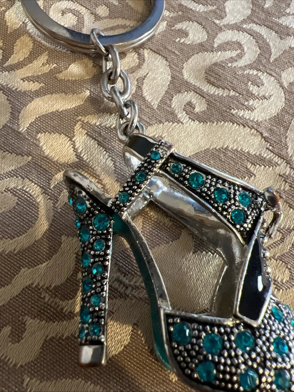 Spring Street High Heel Shoe Keychain Rhinestones Teal Turquoise Fashion